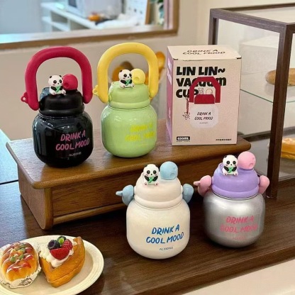 Large Capacity Double Drinking Straw Cup Girls Boy Portable Fitness Cup Cute Panda Doll Thermos Cup