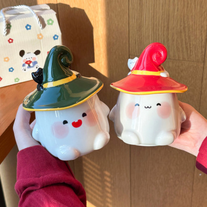 Cute Ceramic Ghost Cat Mug with Lid Bestie Souvenir Gift Box Birthday Water Cup