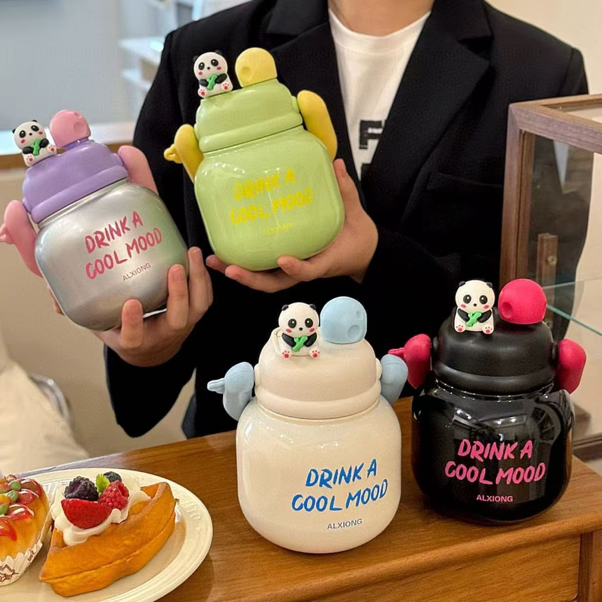 Large Capacity Double Drinking Straw Cup Girls Boy Portable Fitness Cup Cute Panda Doll Thermos Cup