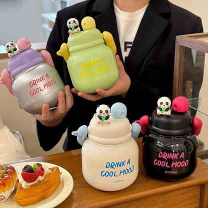 Large Capacity Double Drinking Straw Cup Girls Boy Portable Fitness Cup Cute Panda Doll Thermos Cup