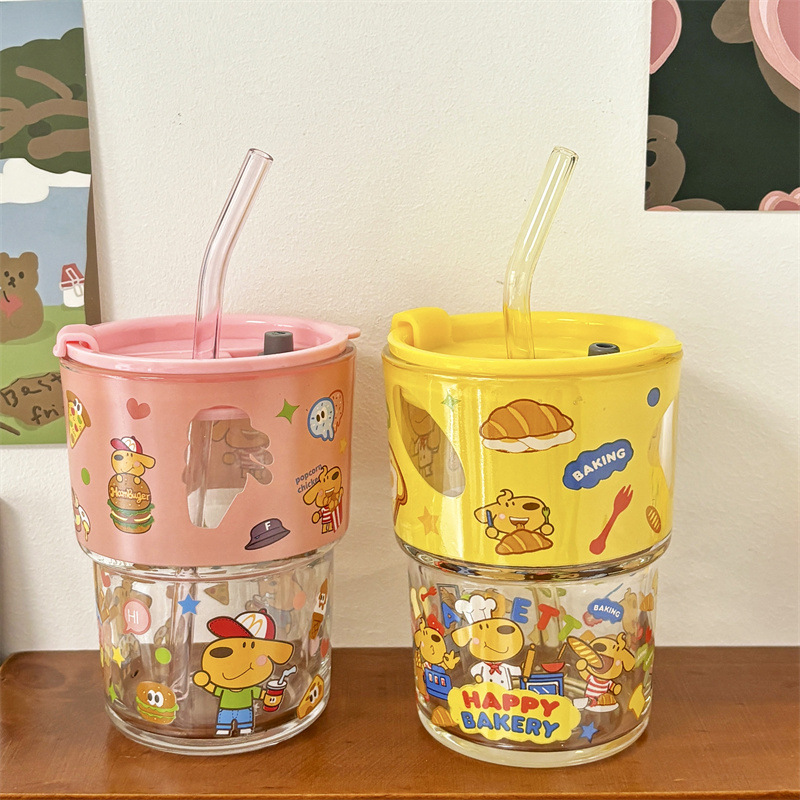 keir Dog Burger Printed Glass with Straw Cup Lid Gift Box Cute Cartoon Household Water Cup Birthday Gift