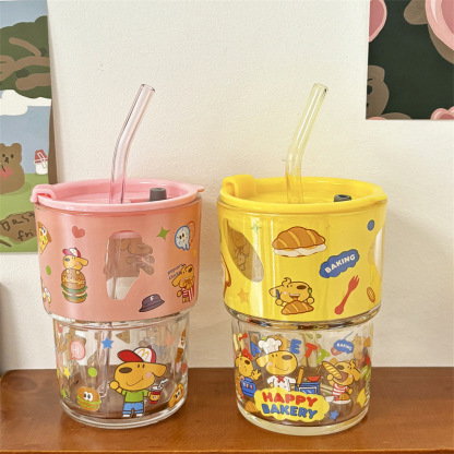 keir Dog Burger Printed Glass with Straw Cup Lid Gift Box Cute Cartoon Household Water Cup Birthday Gift