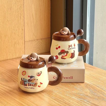 400ML Cute Birthday Hat Puppy Cup Sausage Puppy Ceramic Cup Kids Friends Birthday Gift Cartoon Mug with Lid Gift Box Set