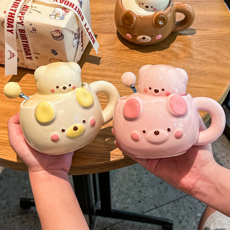 Ceramic Bear Shape Water Cup Mug with Lid and Box Cartoon Girl Kids Birthday Christmas Halloween Gift