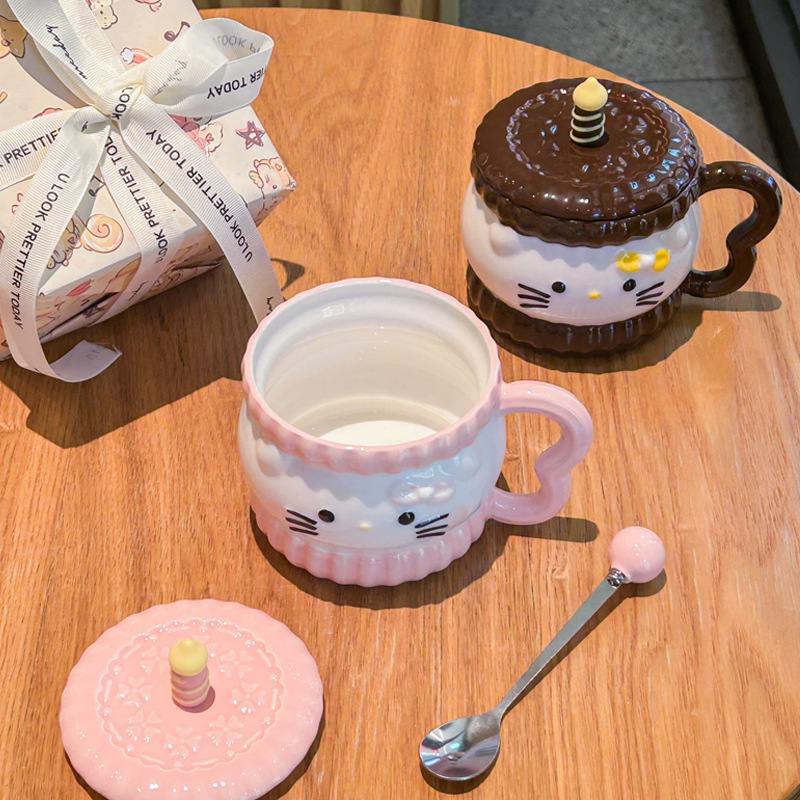 Cute Cartoon Anime Character Ceramic Cup Kawaii Cat Birthday Gift Quilt Coffee Cup with Spoon and Gift Box