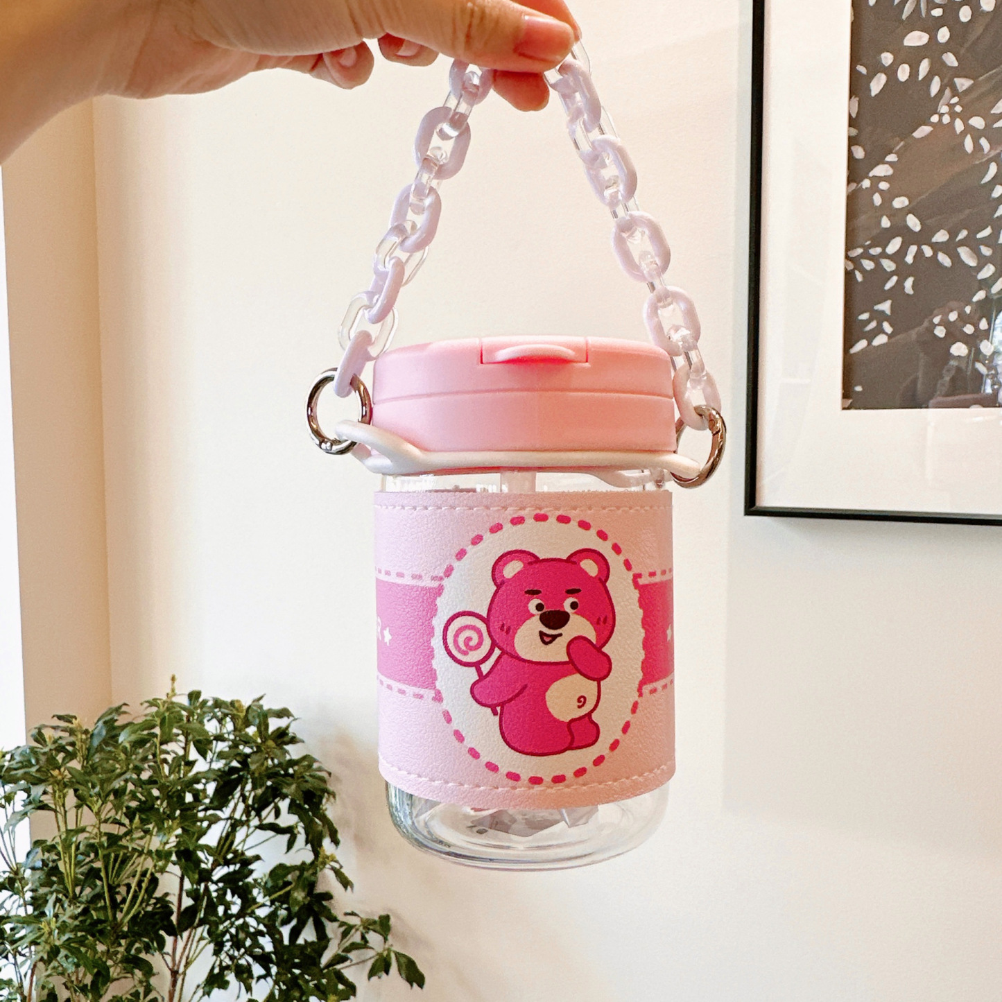 Cute Pink Bear Plastic Cup Creative Anti-scald Straw Cup with Leather Case