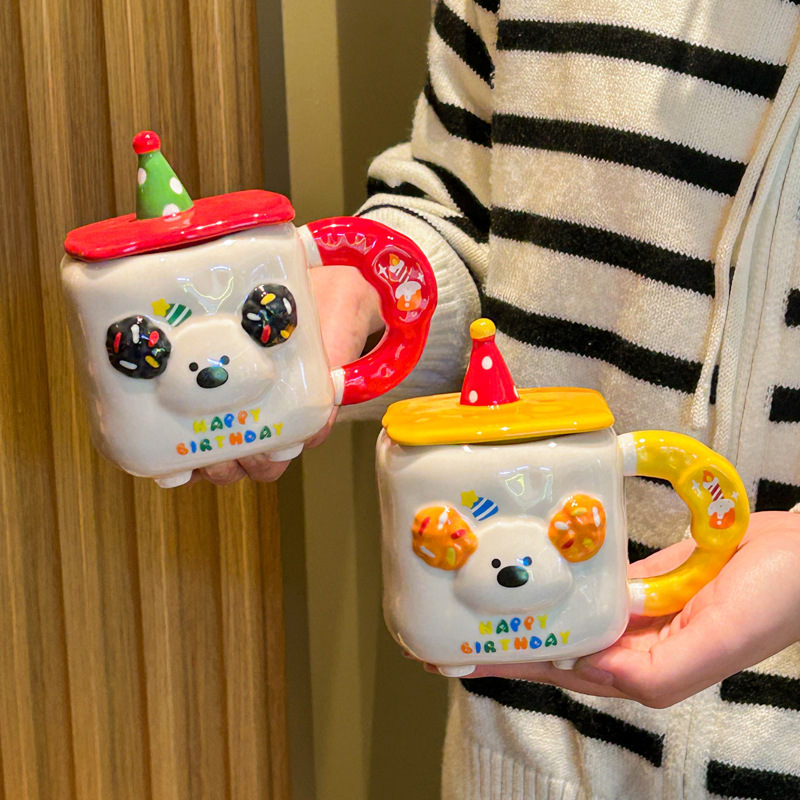 400ML Cute Birthday Hat Puppy Cup Sausage Puppy Ceramic Cup Kids Friends Birthday Gift Cartoon Mug with Lid Gift Box Set