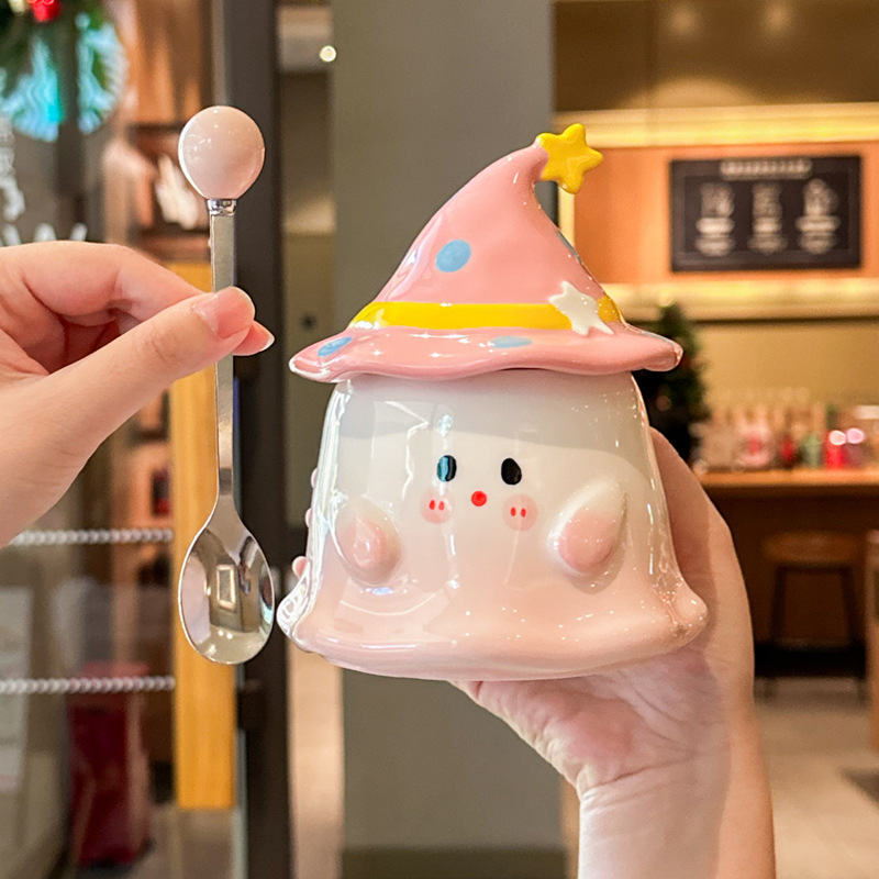 Cute Funny Ghost Poached Egg Cup Ceramic Bear Shape Mug with Lid and Spoon Gift Box Halloween Birthday Present