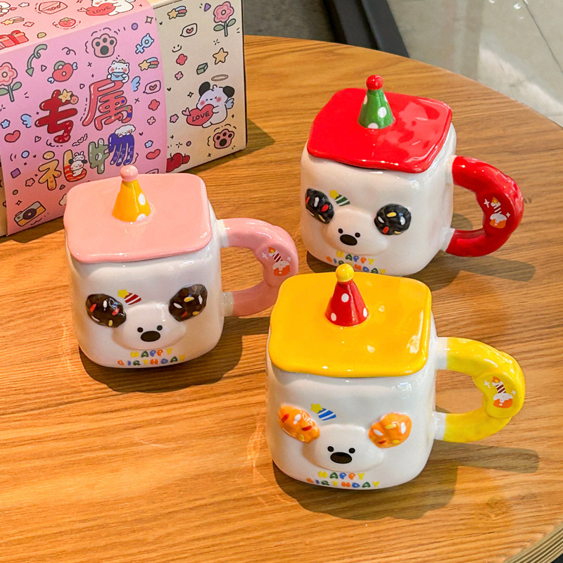 400ML Cute Birthday Hat Puppy Cup Sausage Puppy Ceramic Cup Kids Friends Birthday Gift Cartoon Mug with Lid Gift Box Set