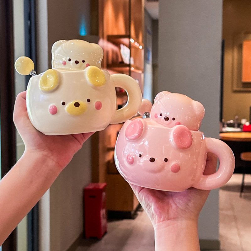 Ceramic Bear Shape Water Cup Mug with Lid and Box Cartoon Girl Kids Birthday Christmas Halloween Gift