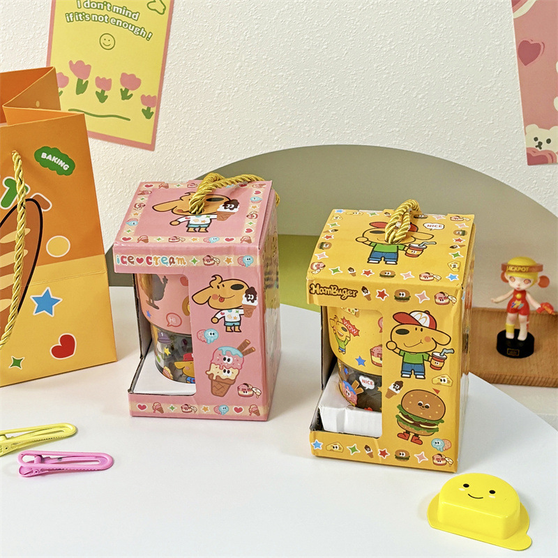 keir Dog Burger Printed Glass with Straw Cup Lid Gift Box Cute Cartoon Household Water Cup Birthday Gift