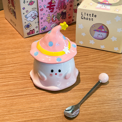 Cute Funny Ghost Poached Egg Cup Ceramic Bear Shape Mug with Lid and Spoon Gift Box Halloween Birthday Present
