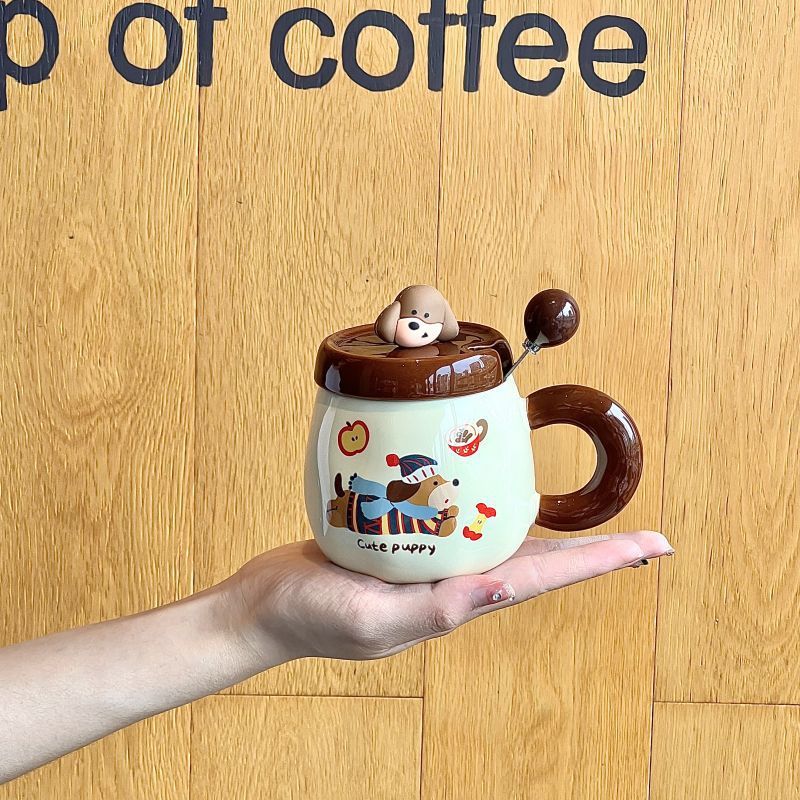 400ML Cute Birthday Hat Puppy Cup Sausage Puppy Ceramic Cup Kids Friends Birthday Gift Cartoon Mug with Lid Gift Box Set