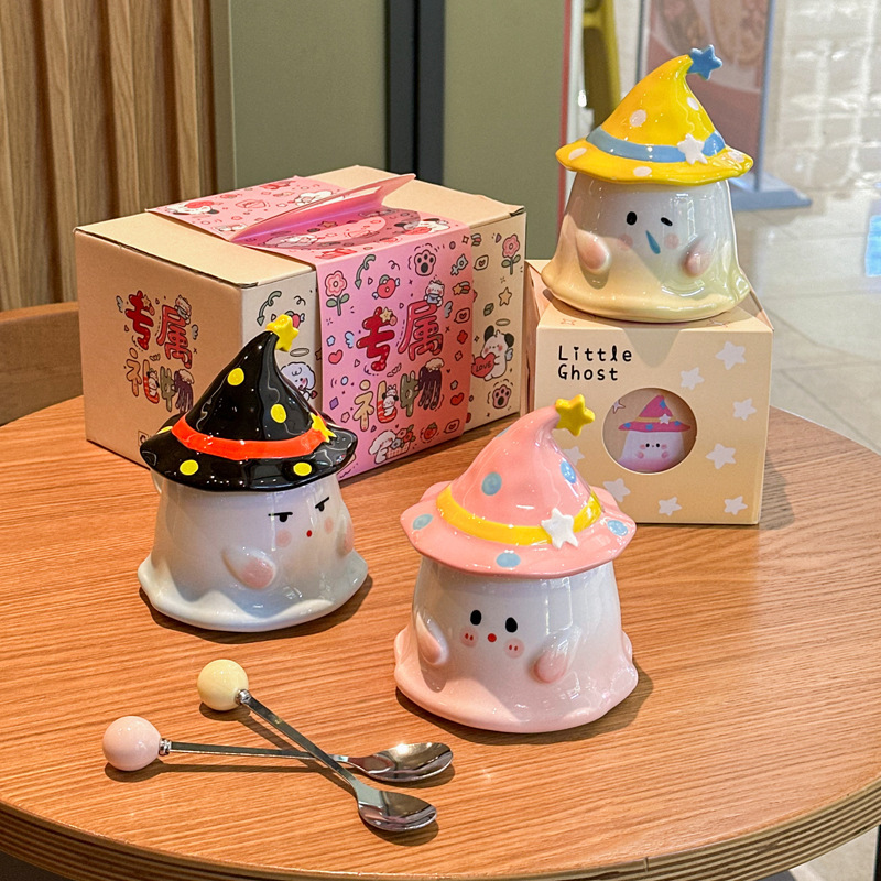 Cute Funny Ghost Poached Egg Cup Ceramic Bear Shape Mug with Lid and Spoon Gift Box Halloween Birthday Present