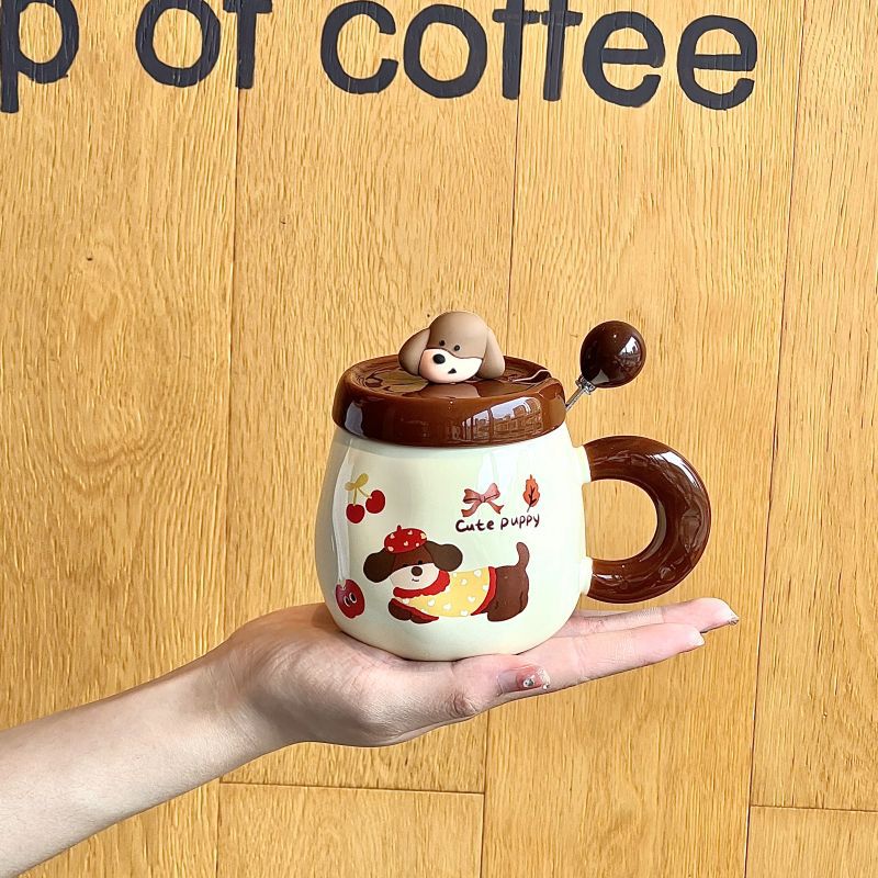 400ML Cute Birthday Hat Puppy Cup Sausage Puppy Ceramic Cup Kids Friends Birthday Gift Cartoon Mug with Lid Gift Box Set
