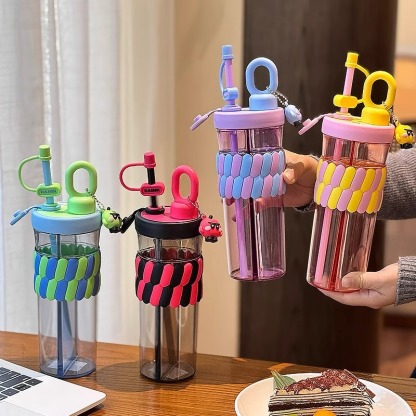 720ML Color Double Drink Cup Cartoon Student Plastic Water Cup Large Capacity Portable Straw Cup