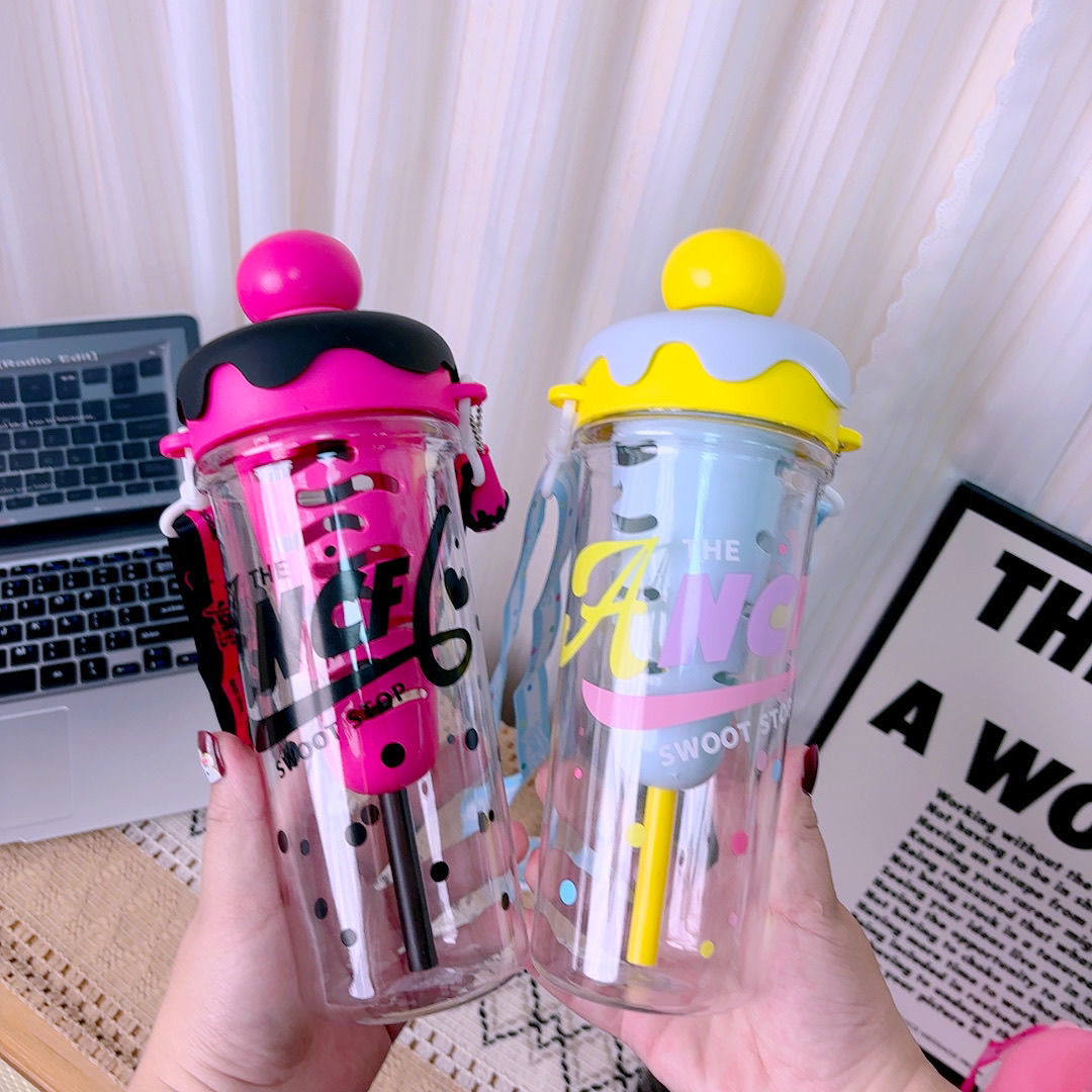 Kawaii Ice Cream Water Cup Portable Large Capacity Sugar Cone Straw Cup Students Children Drinking Cup with Strap