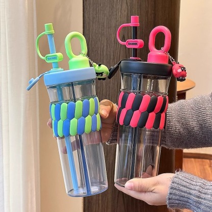720ML Color Double Drink Cup Cartoon Student Plastic Water Cup Large Capacity Portable Straw Cup