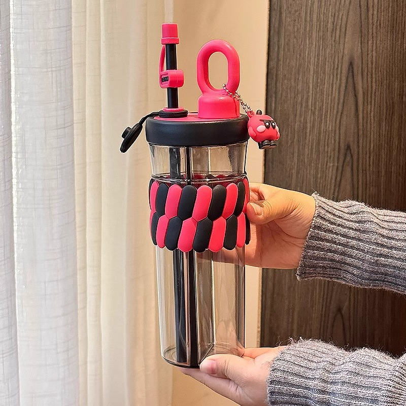 720ML Color Double Drink Cup Cartoon Student Plastic Water Cup Large Capacity Portable Straw Cup