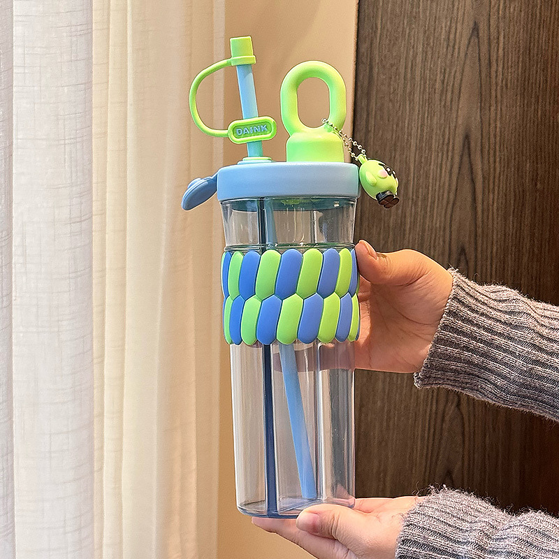 720ML Color Double Drink Cup Cartoon Student Plastic Water Cup Large Capacity Portable Straw Cup