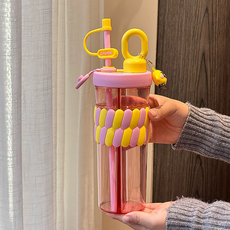 720ML Color Double Drink Cup Cartoon Student Plastic Water Cup Large Capacity Portable Straw Cup