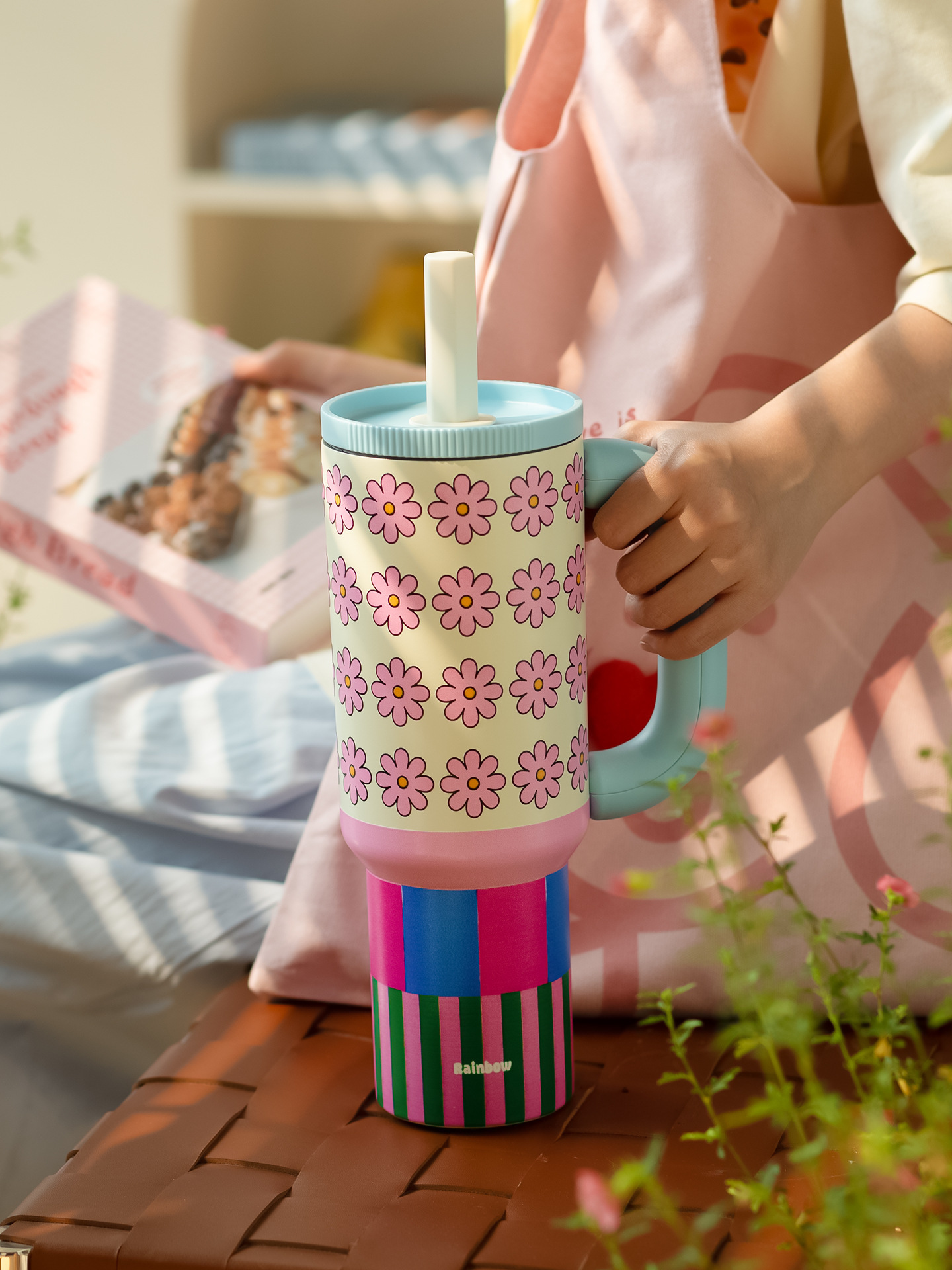 1200ML Colorful Flower-printed Insulated Cup Stainless Steel Car Large-capacity Straw Cup