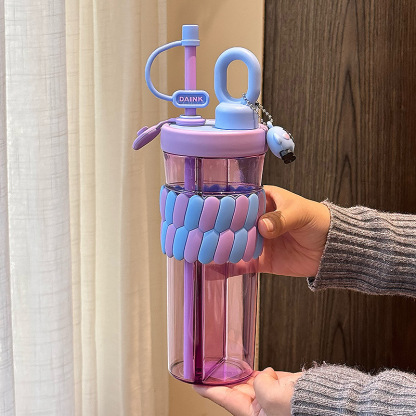 720ML Color Double Drink Cup Cartoon Student Plastic Water Cup Large Capacity Portable Straw Cup