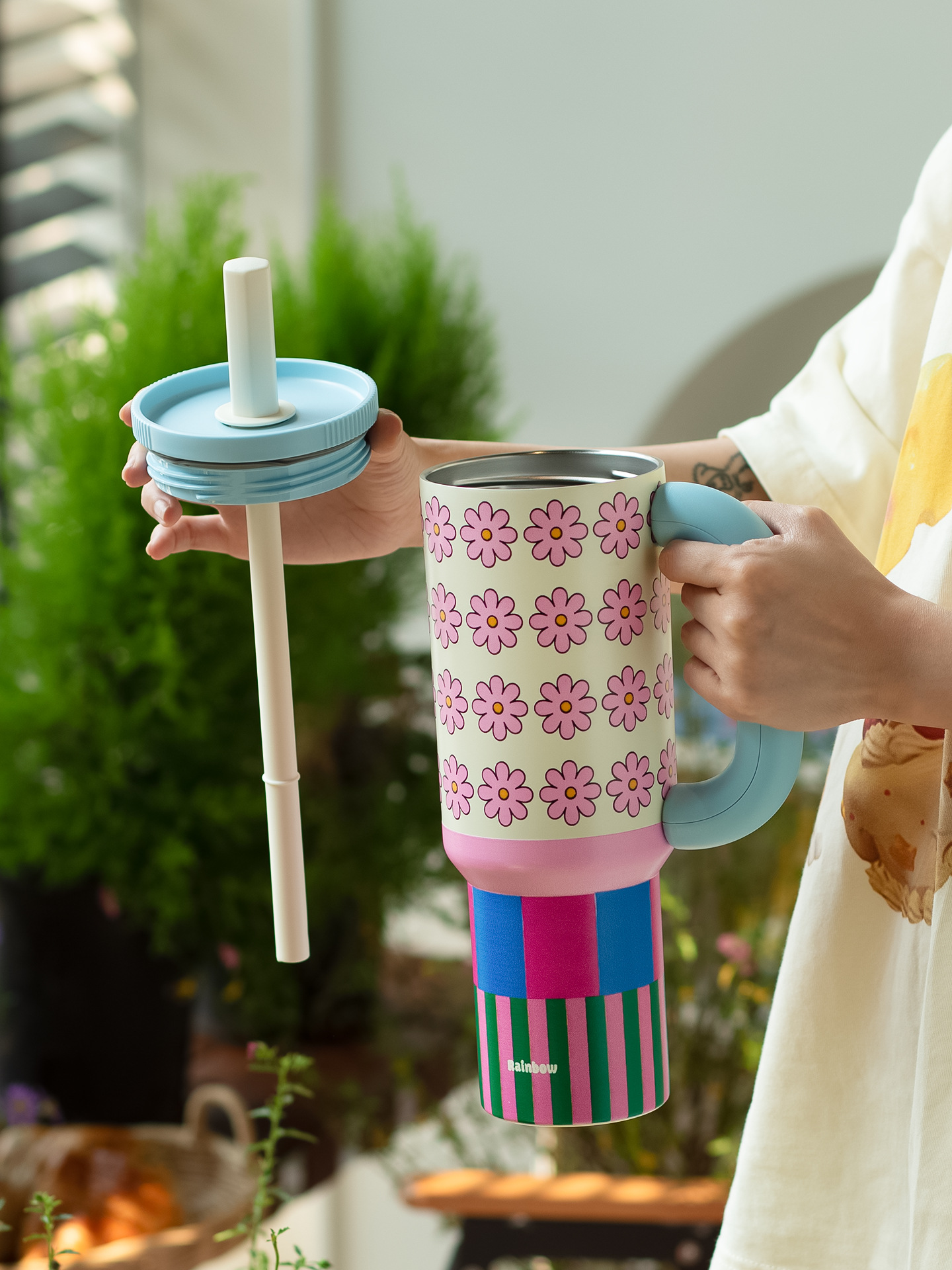 1200ML Colorful Flower-printed Insulated Cup Stainless Steel Car Large-capacity Straw Cup