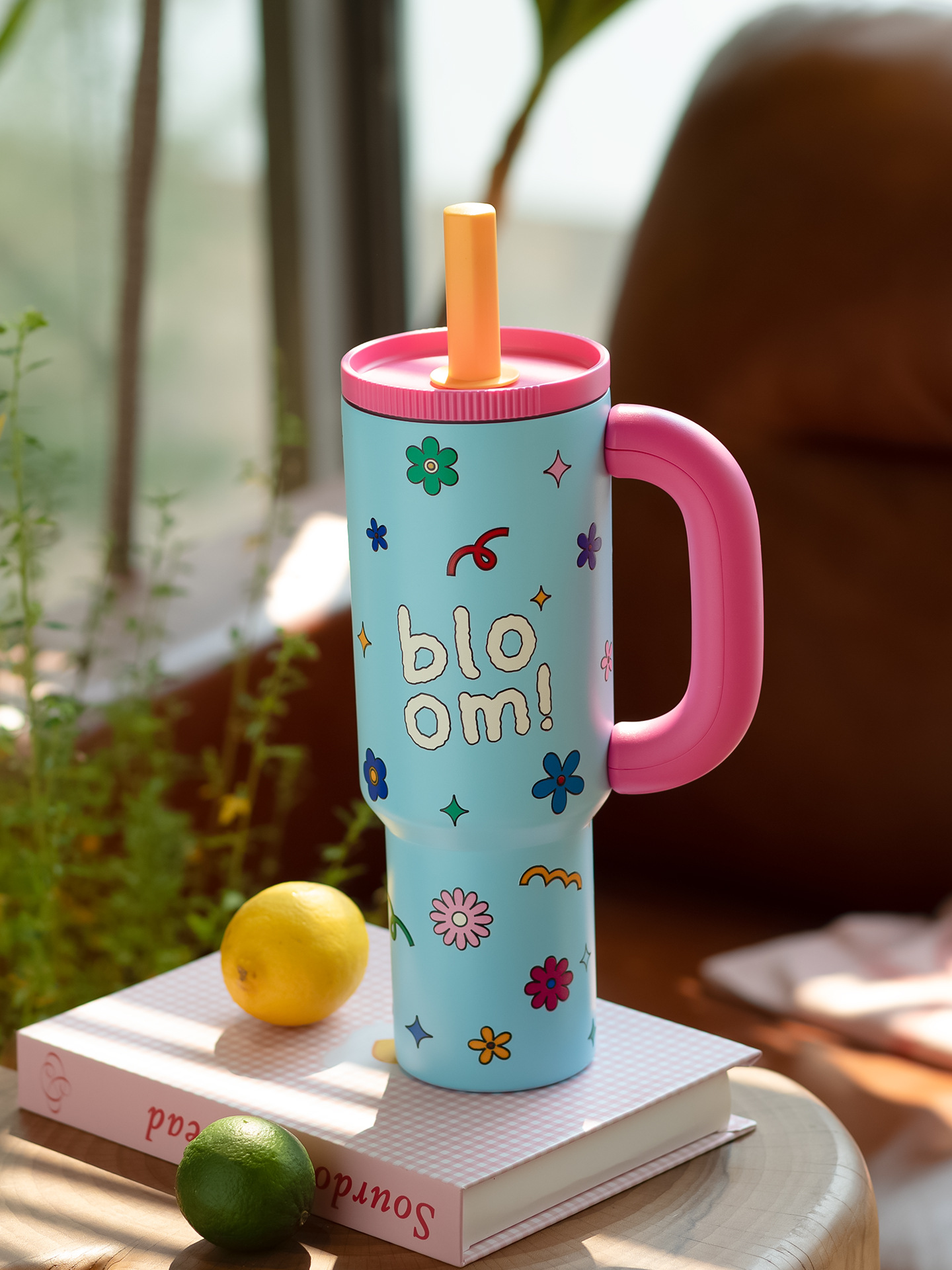 1200ML Colorful Flower-printed Insulated Cup Stainless Steel Car Large-capacity Straw Cup