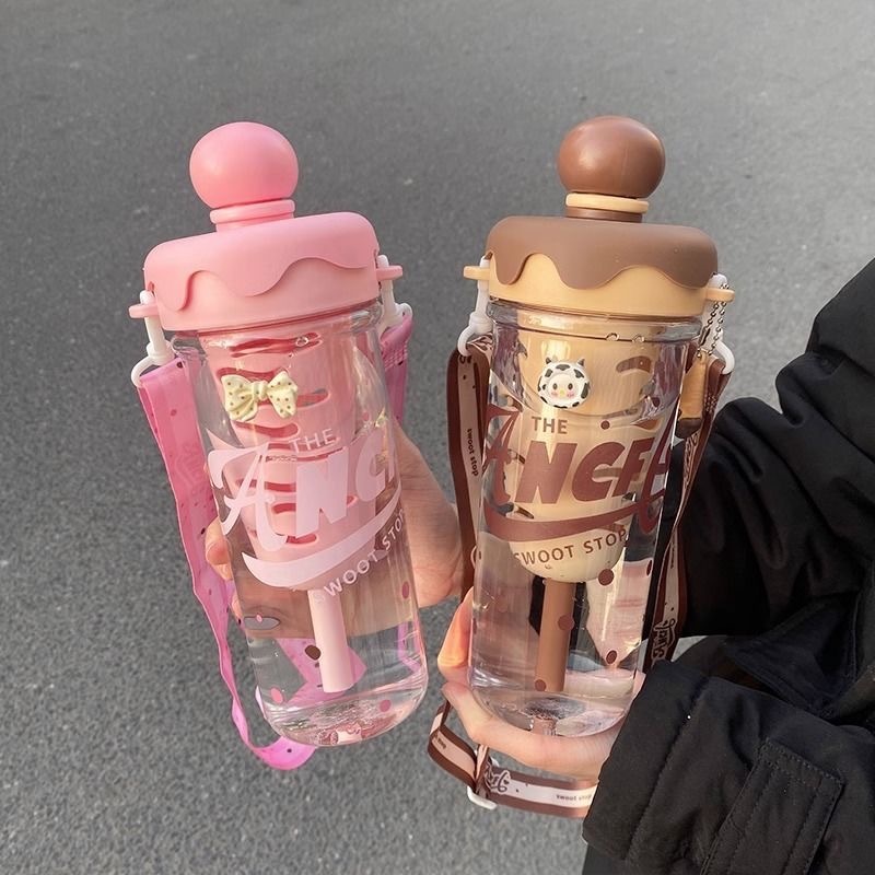 Kawaii Ice Cream Water Cup Portable Large Capacity Sugar Cone Straw Cup Students Children Drinking Cup with Strap