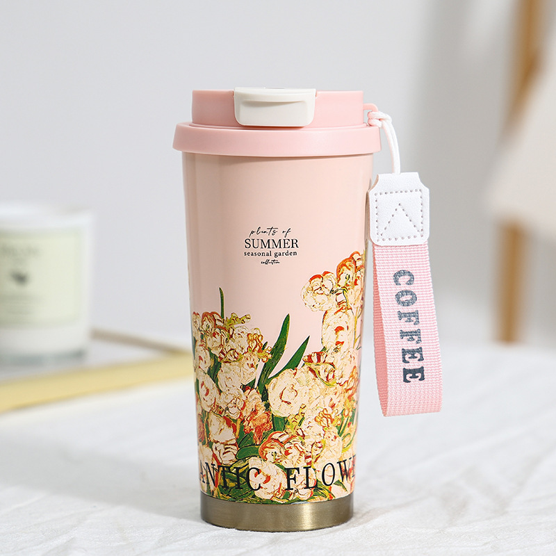 New Thermos Cup Coffee Cup for Girls High Appearance Double Drinking Cup Light Luxury Lily of The Valley Flower Water Cup