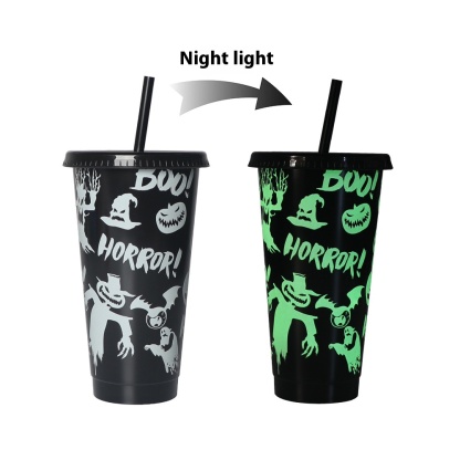 710ml PP Reusable with Straws Water Cups Changing Colour Magical Plastic Cold Water Color Changing Luminous Cup for Halloween