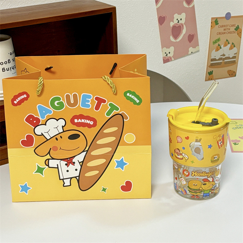 keir Dog Burger Printed Glass with Straw Cup Lid Gift Box Cute Cartoon Household Water Cup Birthday Gift