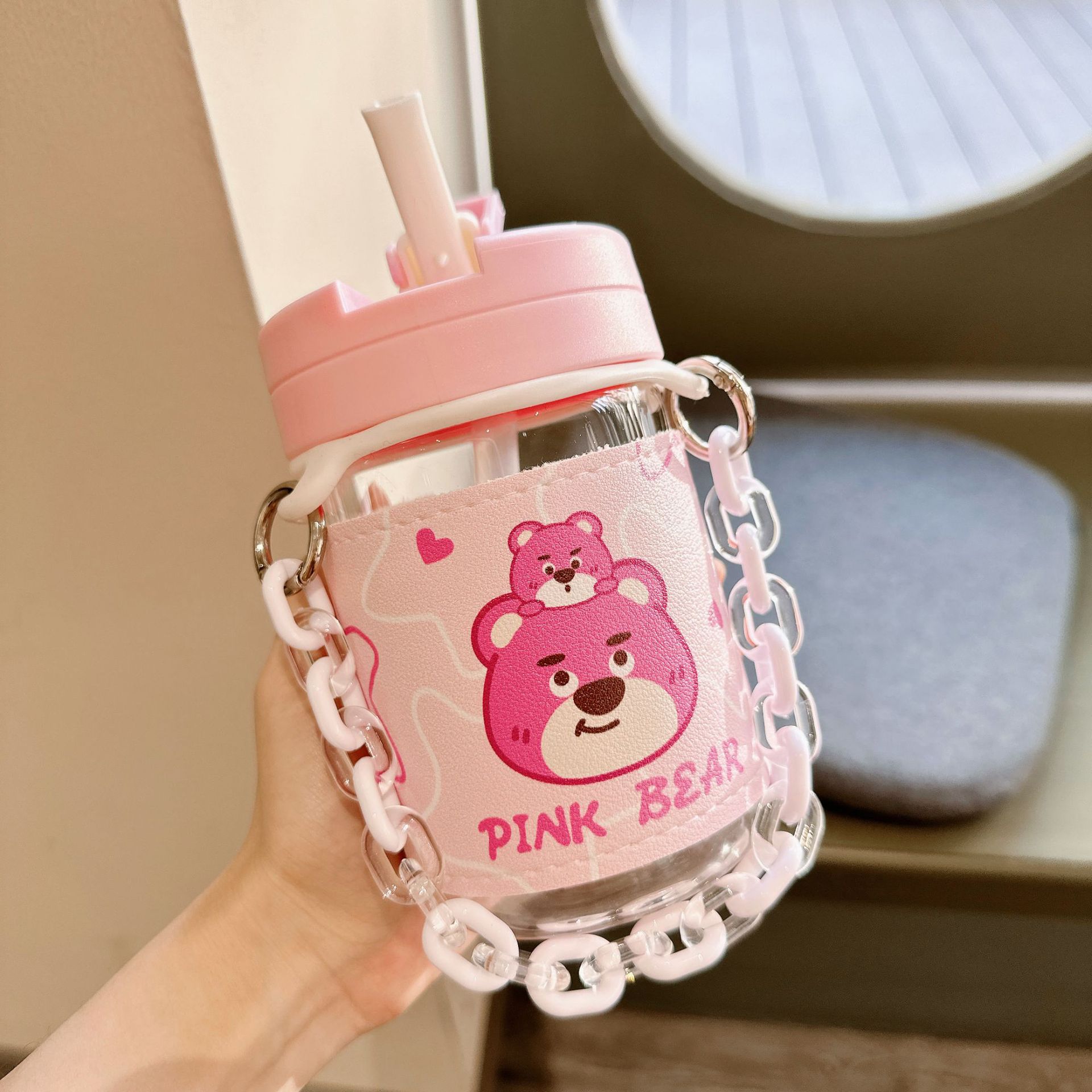 Cute Pink Bear Plastic Cup Creative Anti-scald Straw Cup with Leather Case