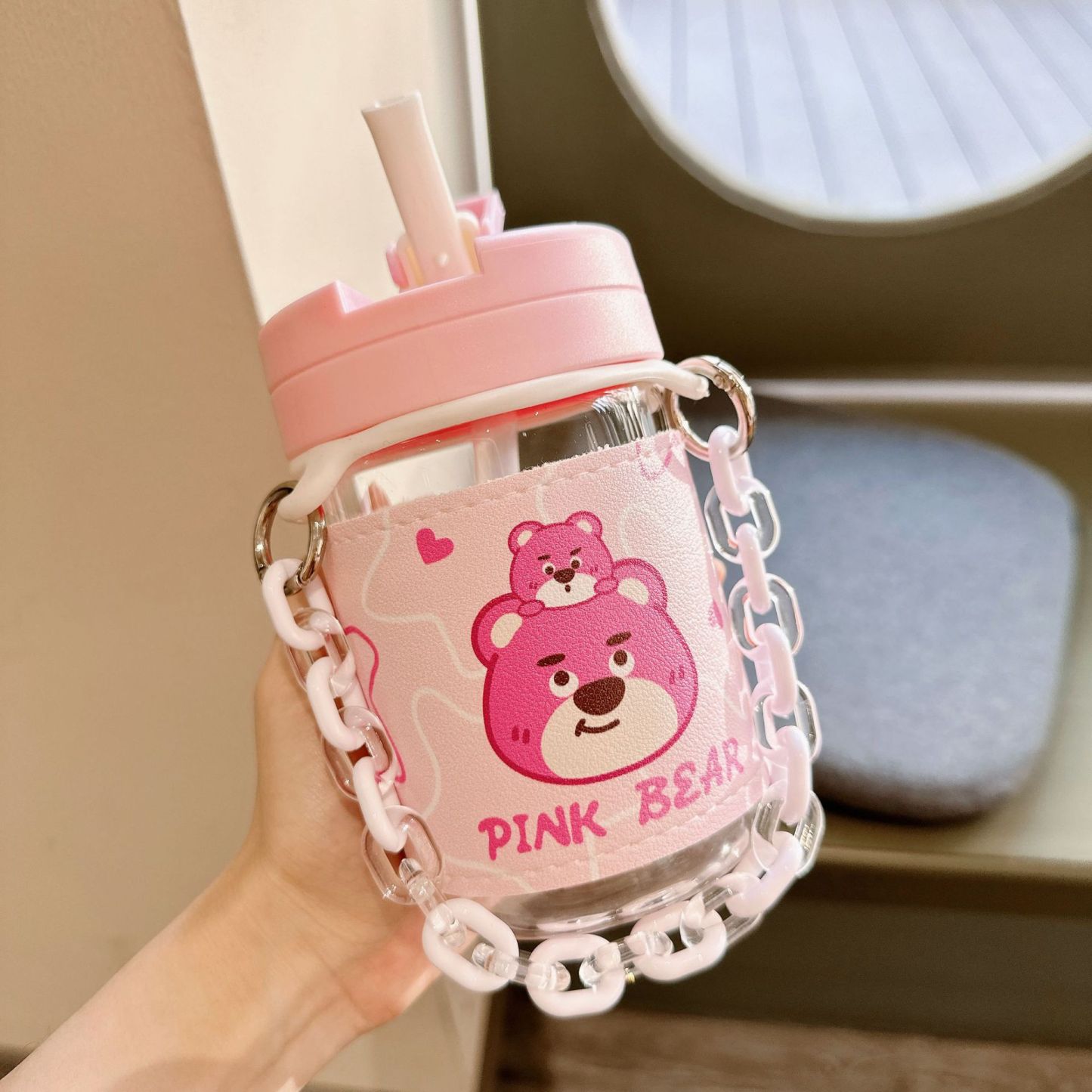 Cute Pink Bear Plastic Cup Creative Anti-scald Straw Cup with Leather Case