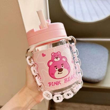 Cute Pink Bear Plastic Cup Creative Anti-scald Straw Cup with Leather Case