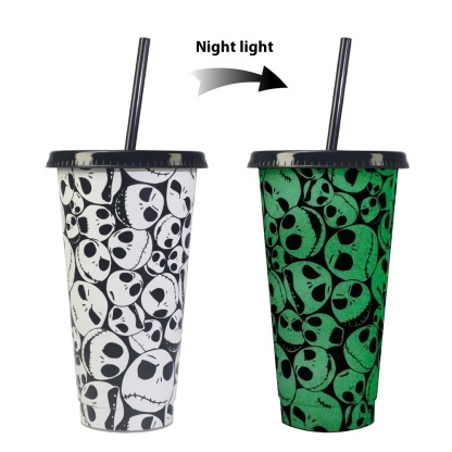 710ml PP Reusable with Straws Water Cups Changing Colour Magical Plastic Cold Water Color Changing Luminous Cup for Halloween