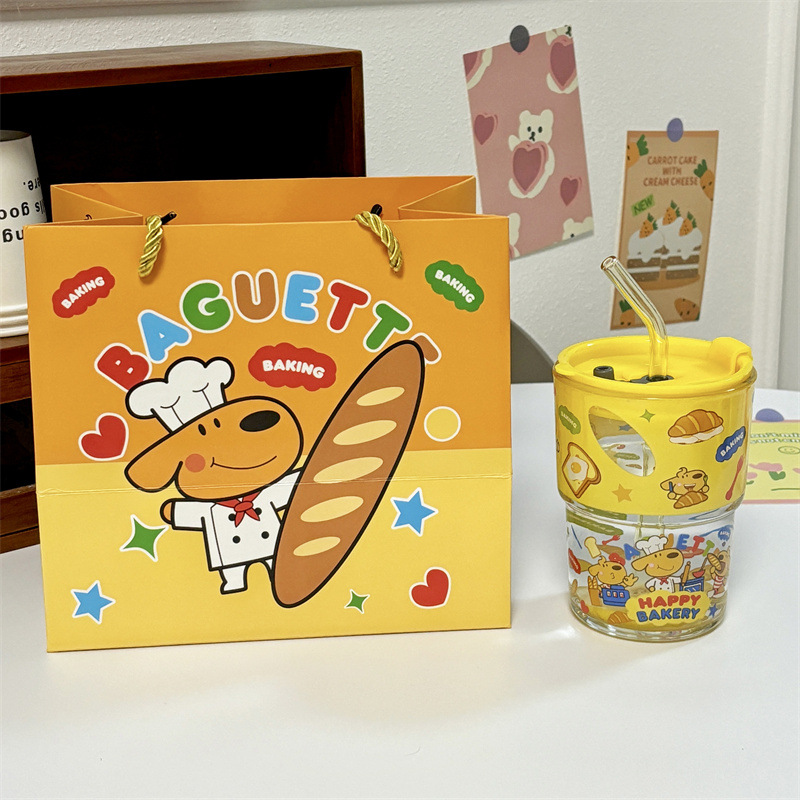 keir Dog Burger Printed Glass with Straw Cup Lid Gift Box Cute Cartoon