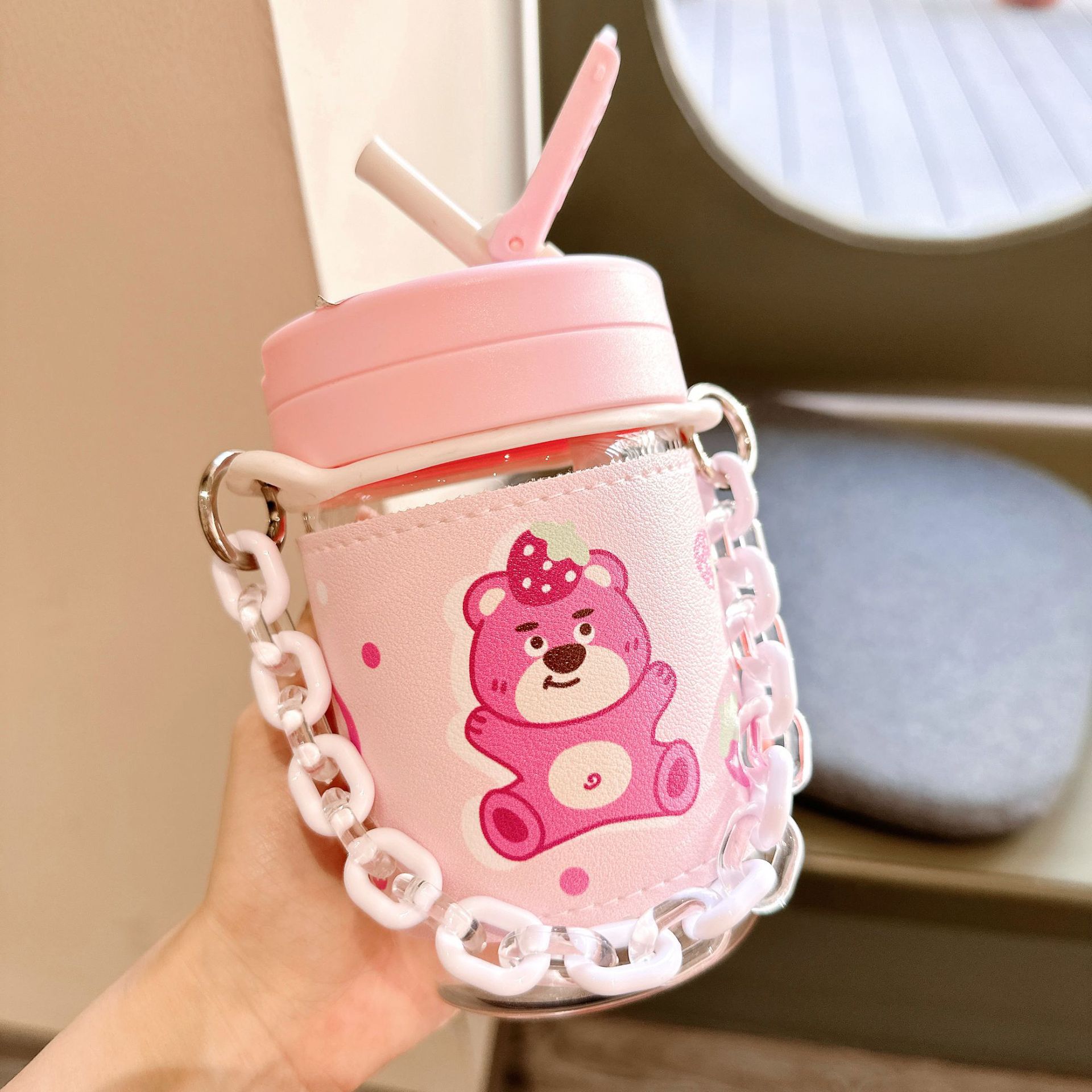 Cute Pink Bear Plastic Cup Creative Anti-scald Straw Cup with Leather Case