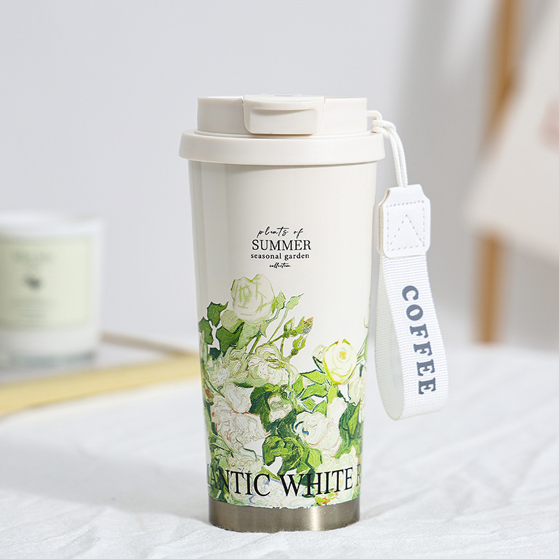 New Thermos Cup Coffee Cup for Girls High Appearance Double Drinking Cup Light Luxury Lily of The Valley Flower Water Cup