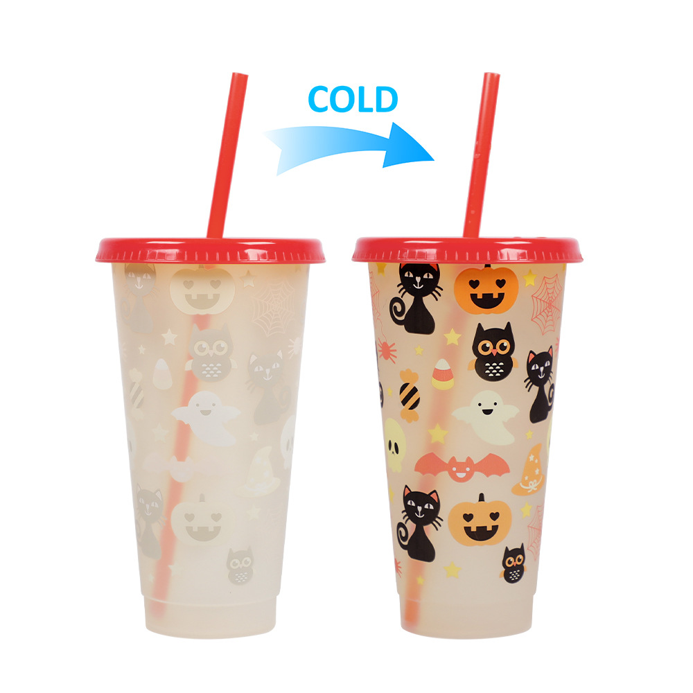 710ml PP Reusable with Straws Water Cups Changing Colour Magical Plastic Cold Water Color Changing Luminous Cup for Halloween