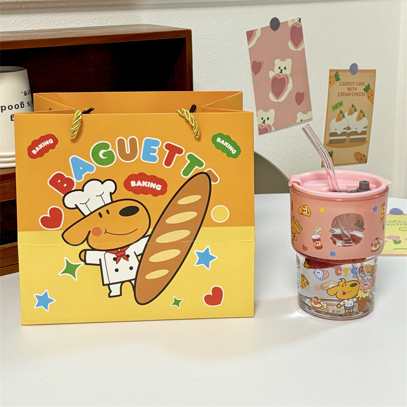 keir Dog Burger Printed Glass with Straw Cup Lid Gift Box Cute Cartoon Household Water Cup Birthday Gift