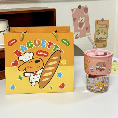 keir Dog Burger Printed Glass with Straw Cup Lid Gift Box Cute Cartoon Household Water Cup Birthday Gift