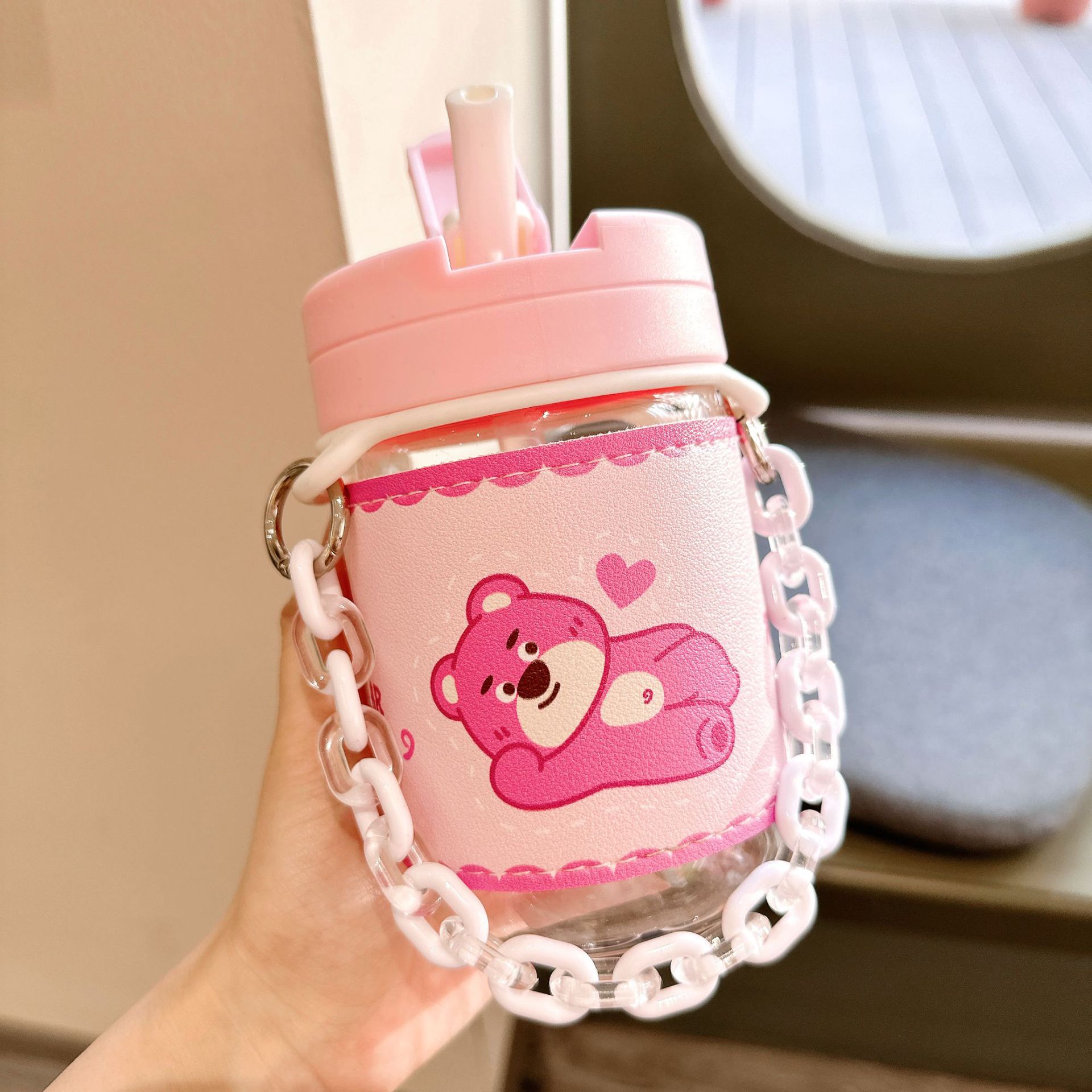 Cute Pink Bear Plastic Cup Creative Anti-scald Straw Cup with Leather Case