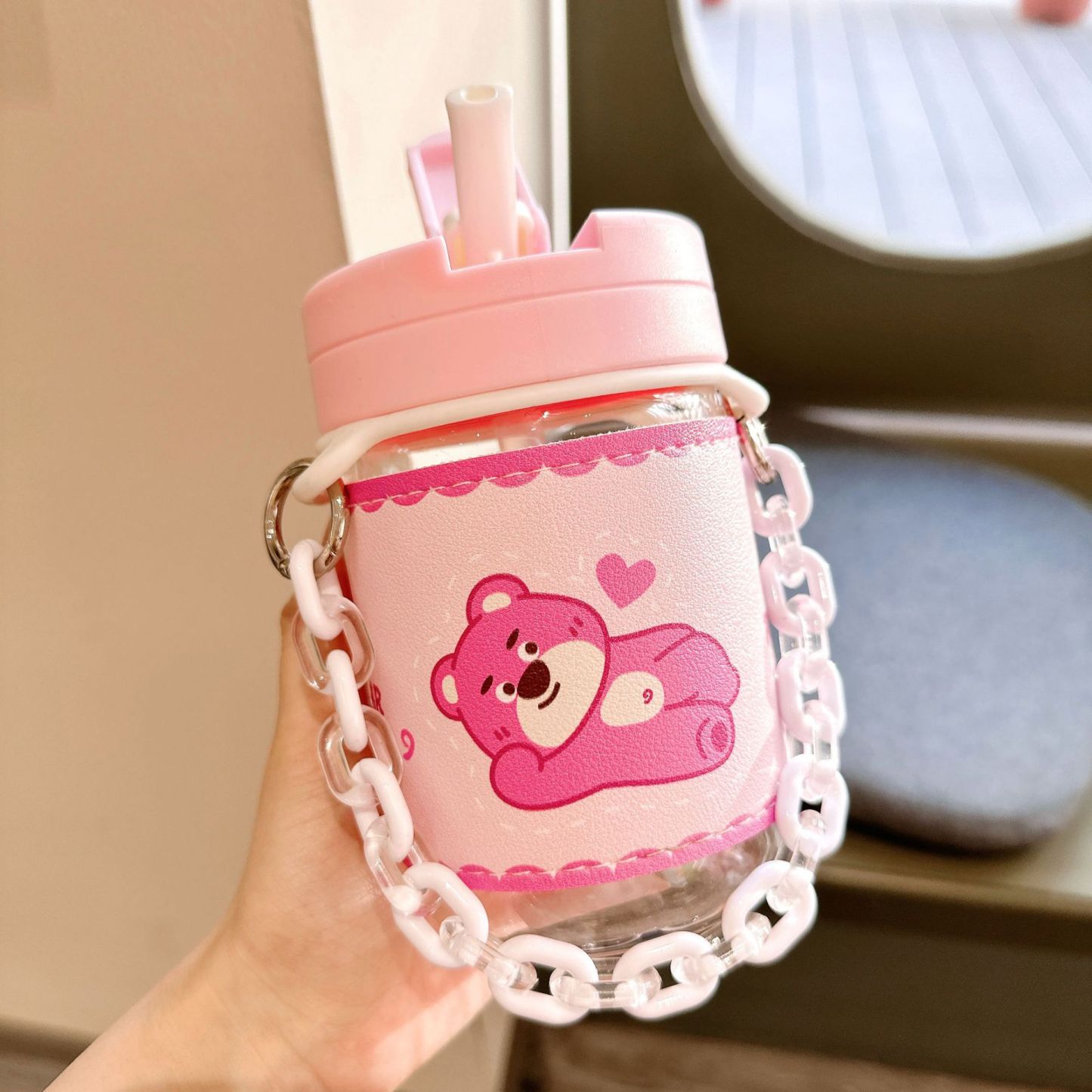 Cute Pink Bear Plastic Cup Creative Anti-scald Straw Cup with Leather Case