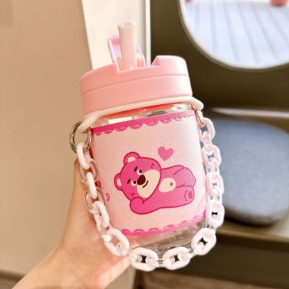 Cute Pink Bear Plastic Cup Creative Anti-scald Straw Cup with Leather Case