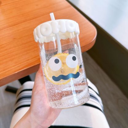 520ML Cartoon Glass Cups Large-capacity High Borosilicate Glass Straw Cups