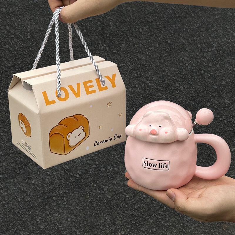 Cute Funny Ghost Poached Egg Cup Ceramic Bear Shape Mug with Lid and Spoon Gift Box Halloween Birthday Present