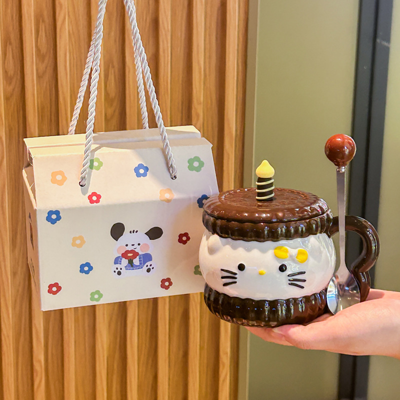 Cute Cartoon Anime Character Ceramic Cup Kawaii Cat Birthday Gift Quilt Coffee Cup with Spoon and Gift Box