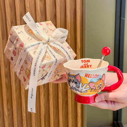 Vintage Cute Cartoon Cat Mouse Print Brown Cup Round Mouth Cup Ceramic Tall Foot Cup Coffee Cup with Spoon Box Gifts